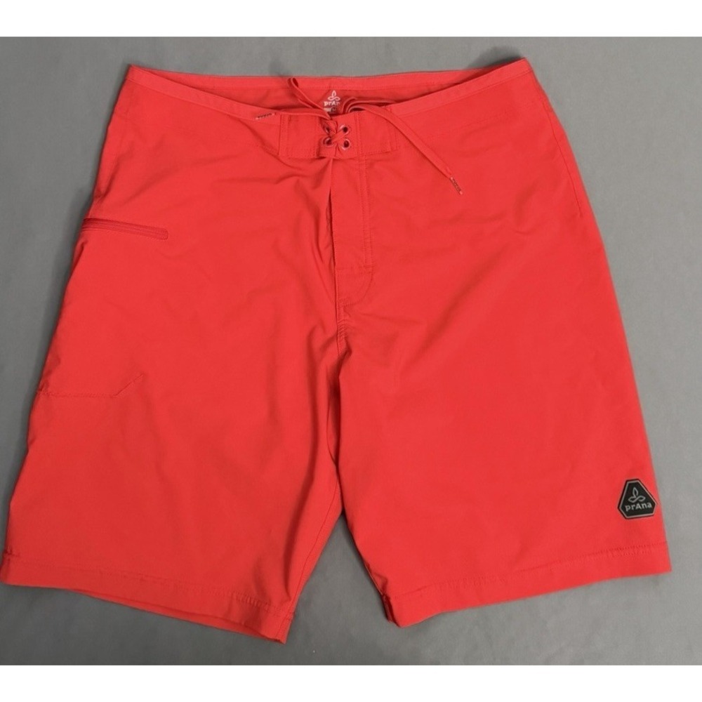 Prana Swimming Shorts Trunks Mens Size 34 Red Stretch Drawstring Zip Pocket